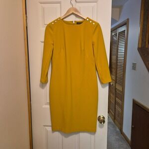 Lauren Ralph Lauren Mustard Yellow Button Shoulder Sheath Dress Size 8